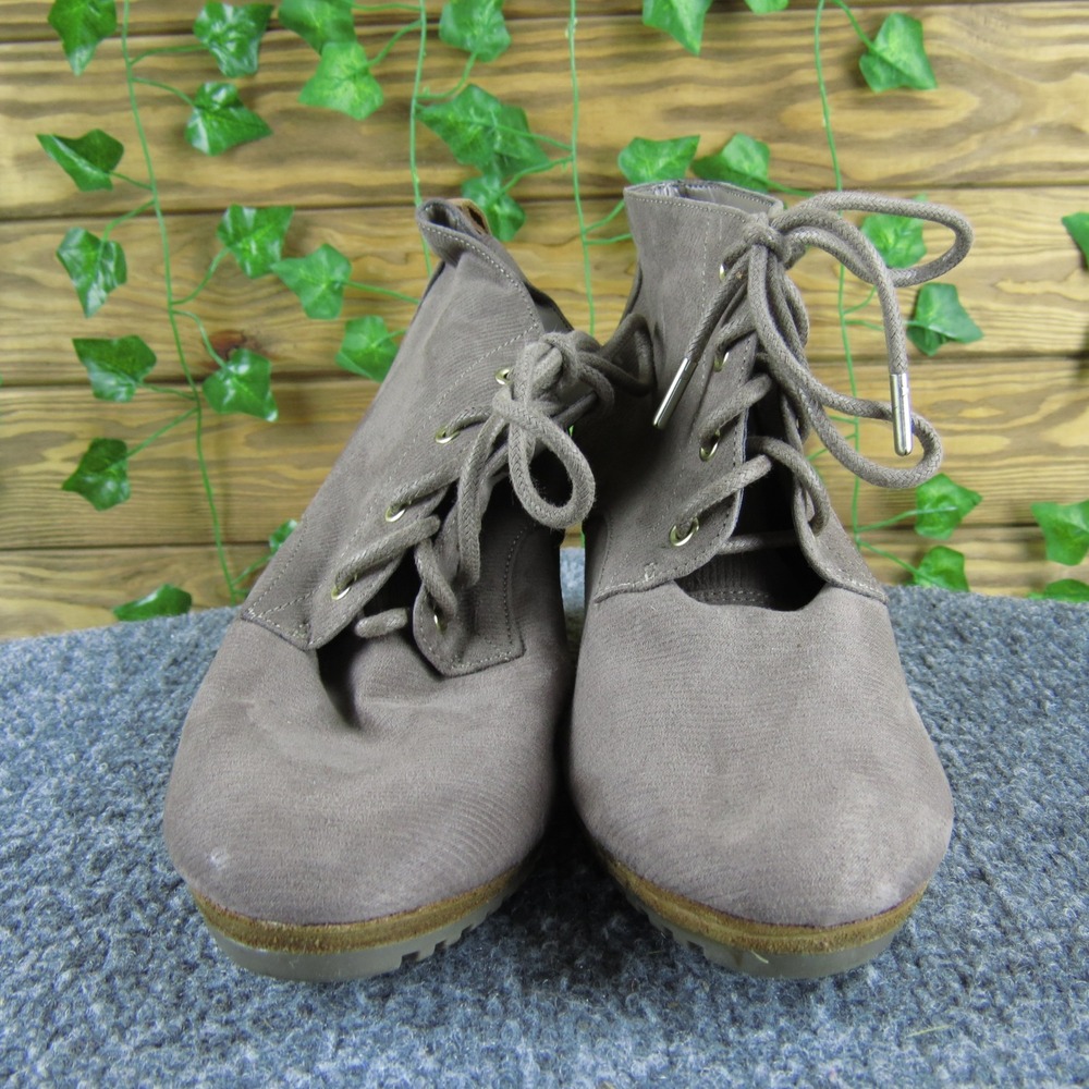 Dr. Scholl's Close Call Women 7 Taupe Fabric Lace-Up Wedge Booties Comfort Shoes - Picture 2 of 7